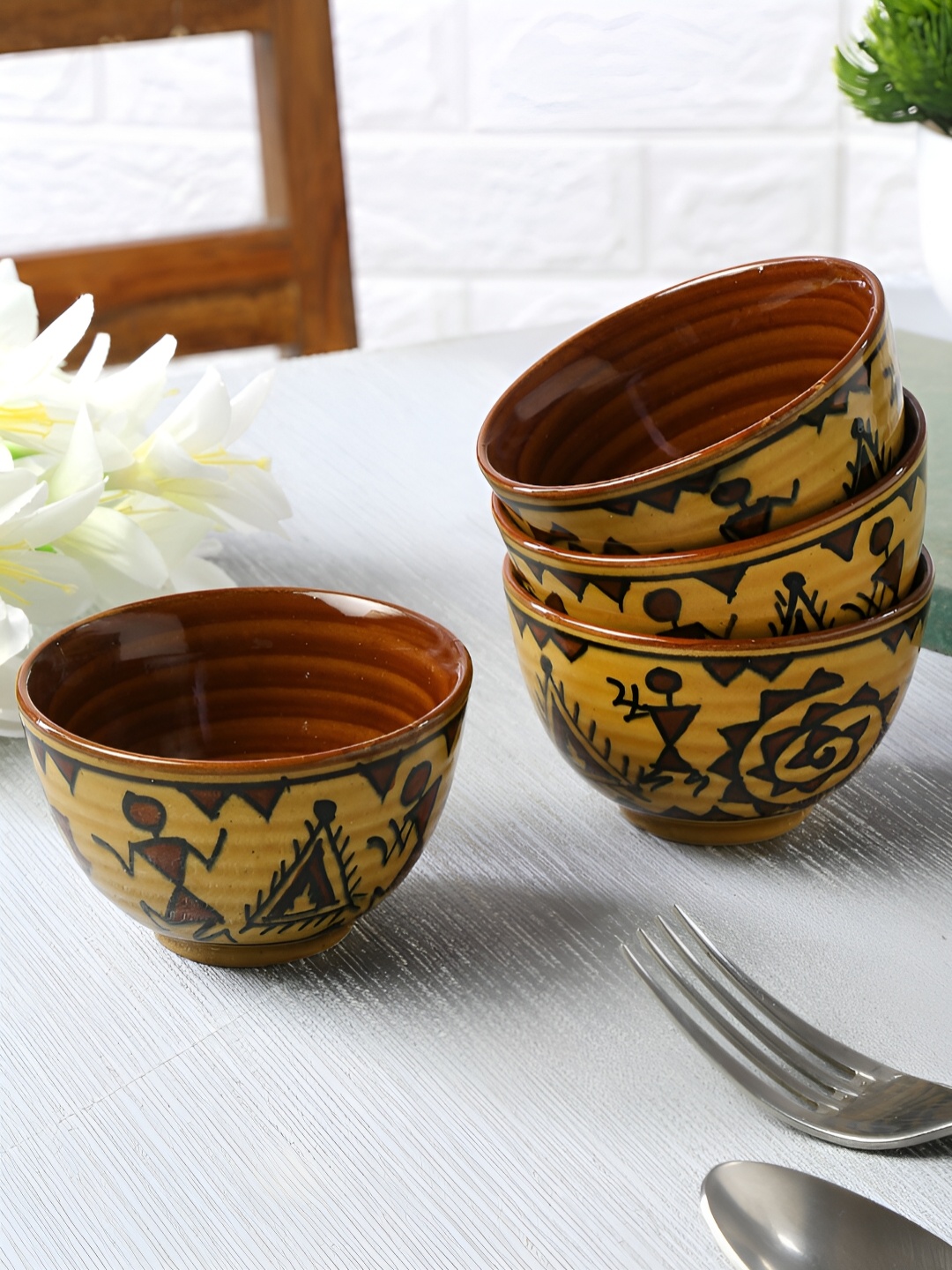 

Shilpkara Brown 4 Pieces Handcrafted and Hand Painted Printed Ceramic Glossy Bowls