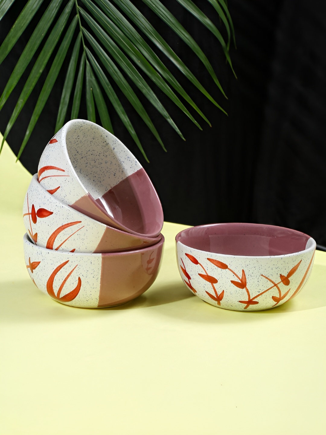 

Shilpkara White & Purple 4 Pieces Handcrafted & Hand Painted Printed Ceramic Glossy Bowls