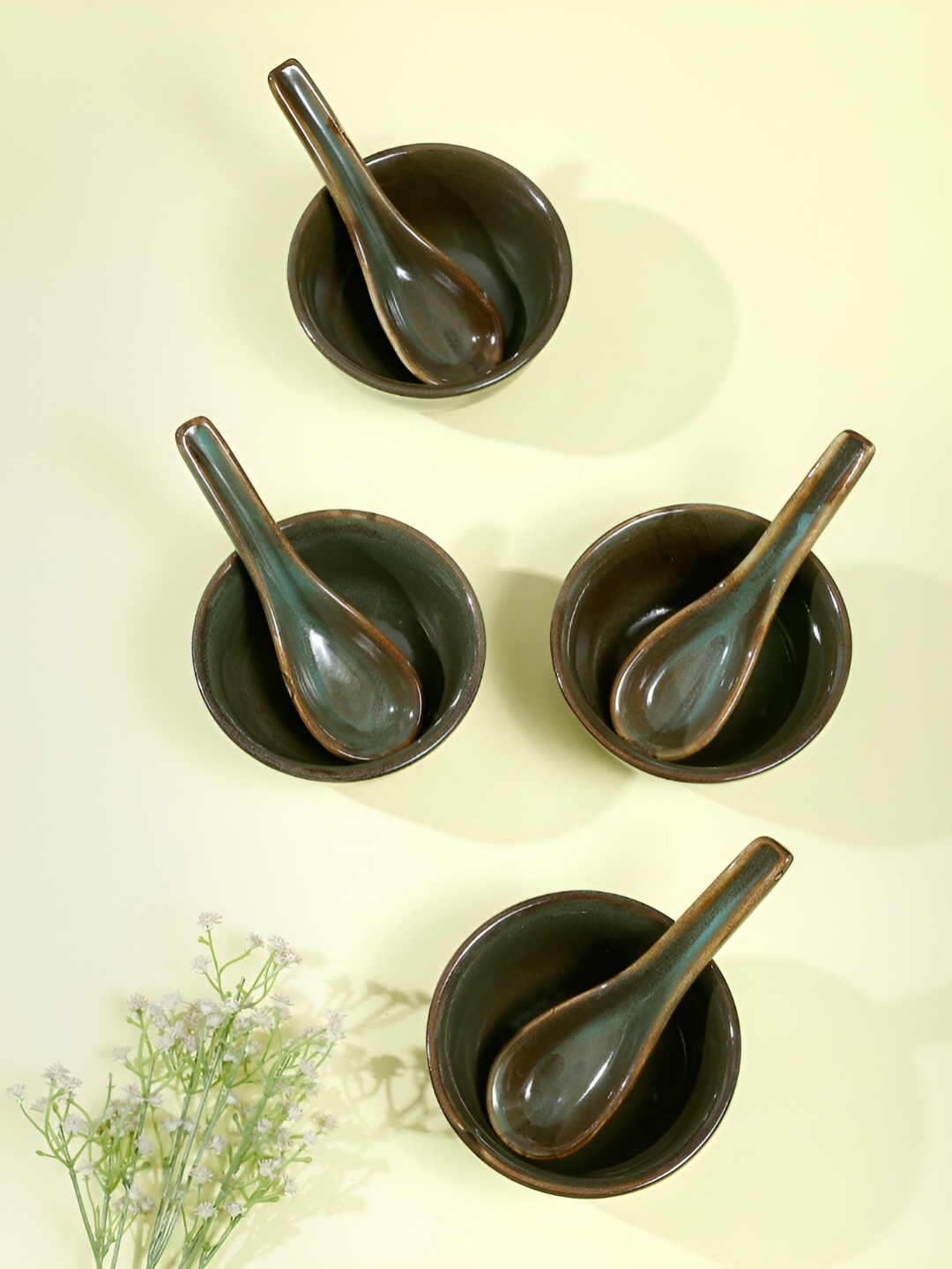 

Shilpkara Green 8 Pieces Handcrafted and Hand Painted Ceramic Bowls with spoons