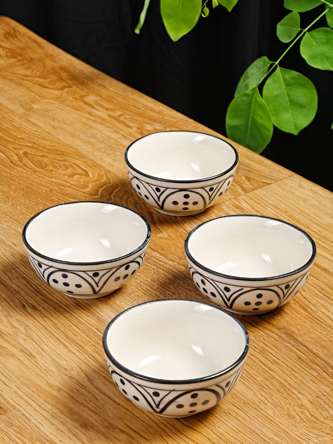 

Shilpkara White & Black 4 Pieces Handcrafted and Hand Painted Ceramic Glossy Bowls