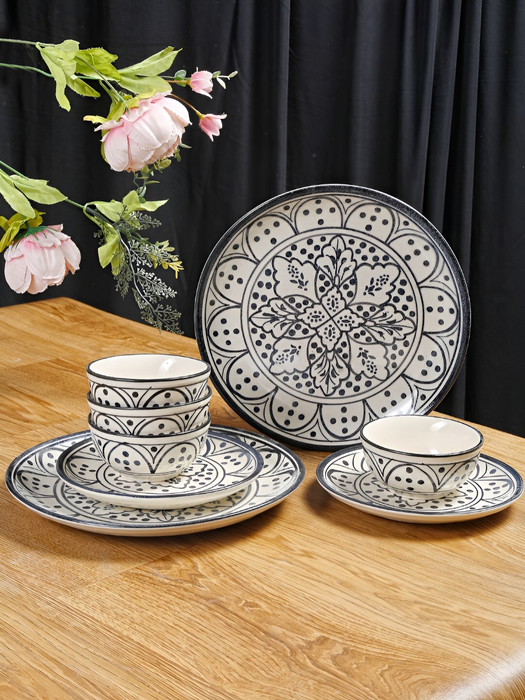 

Shilpkara Black & White 8 Pieces Handcrafted and Hand Painted Ceramic Dinner Set