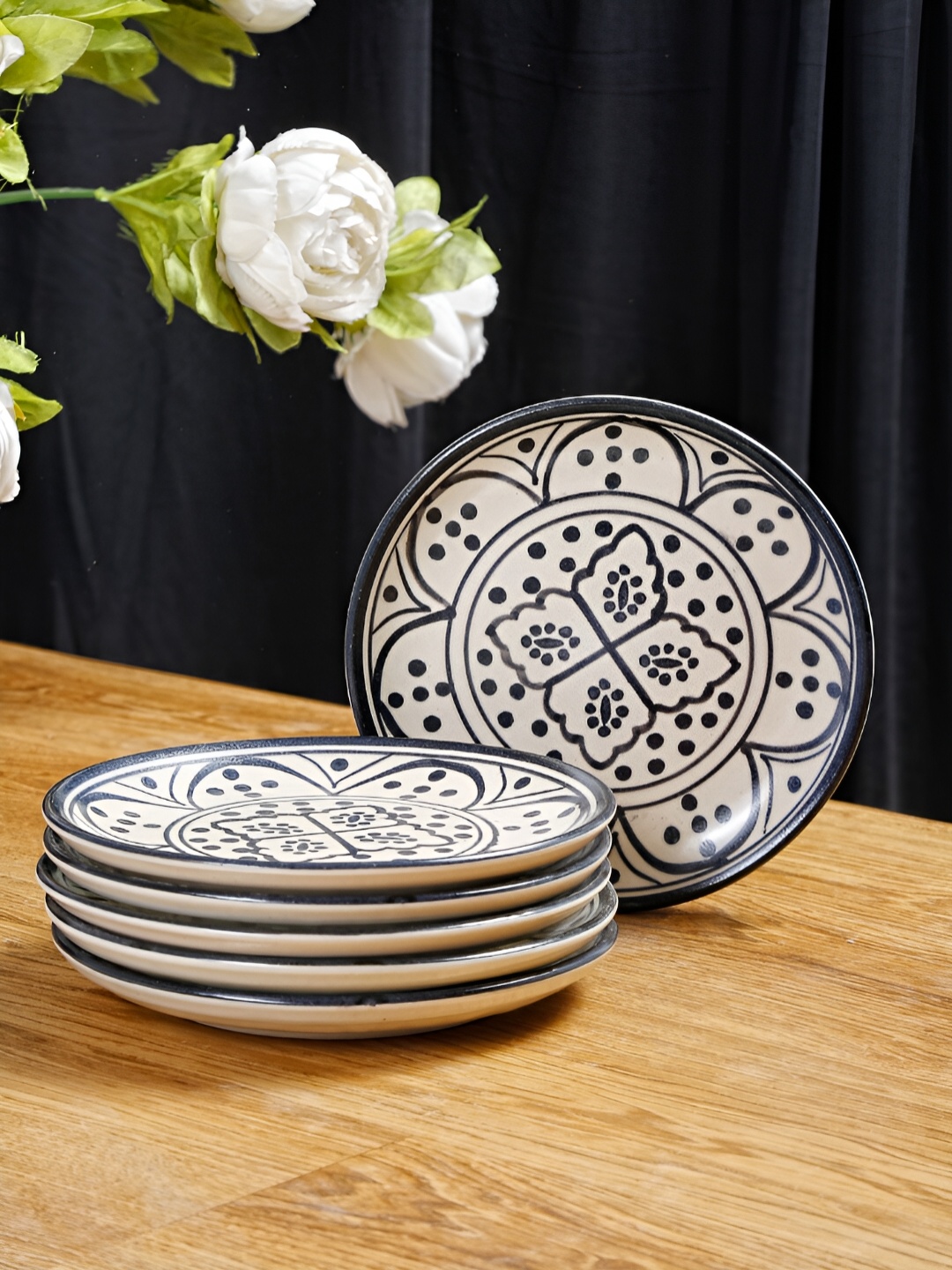 

Shilpkara Black & White 6 Pieces Handcrafted and Hand Painted Ceramic Plates