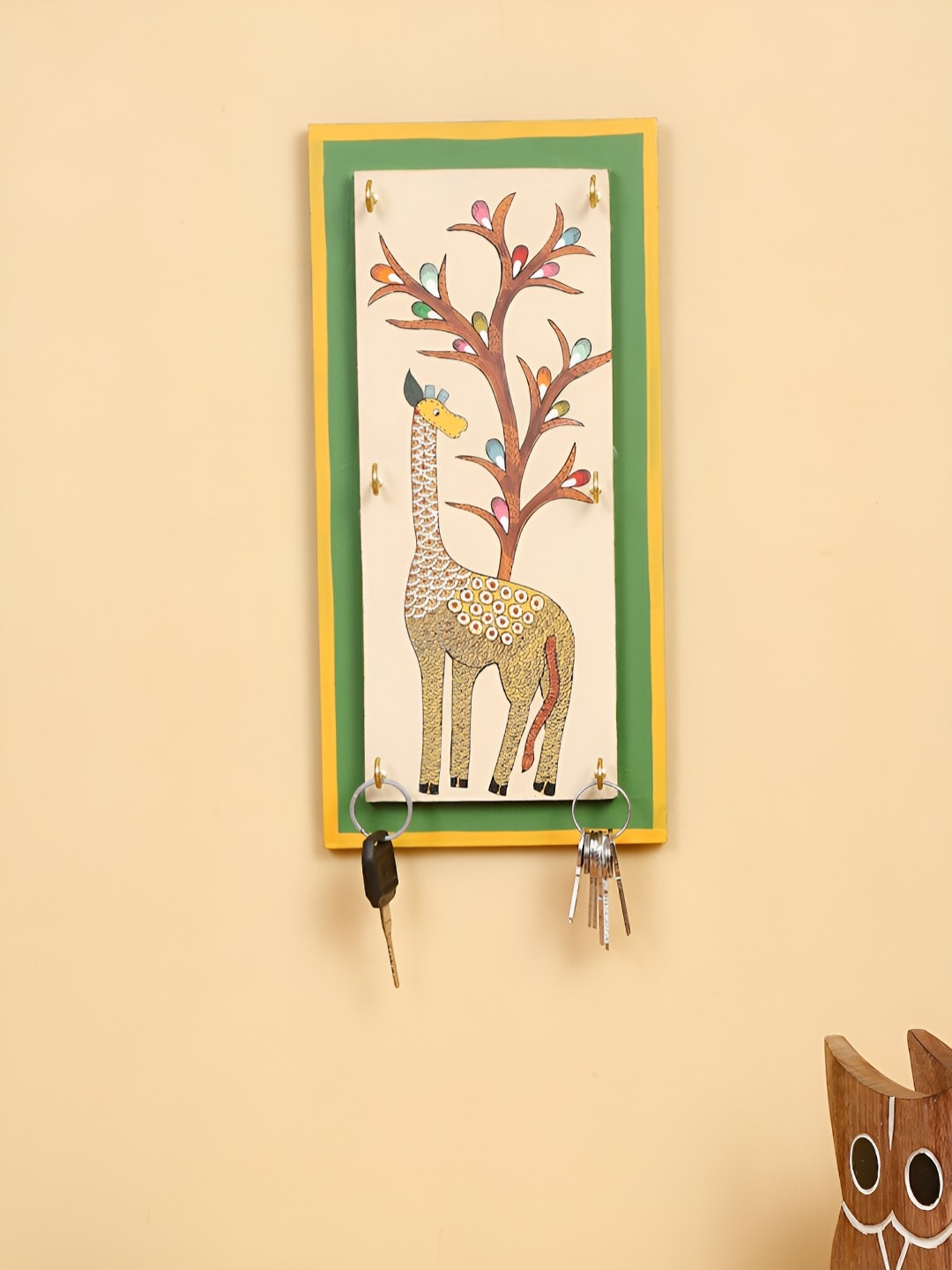 

Shilpkara Beige Giraffe Gallore Handpainted Wooden 6 Hooks Wall Key Holder