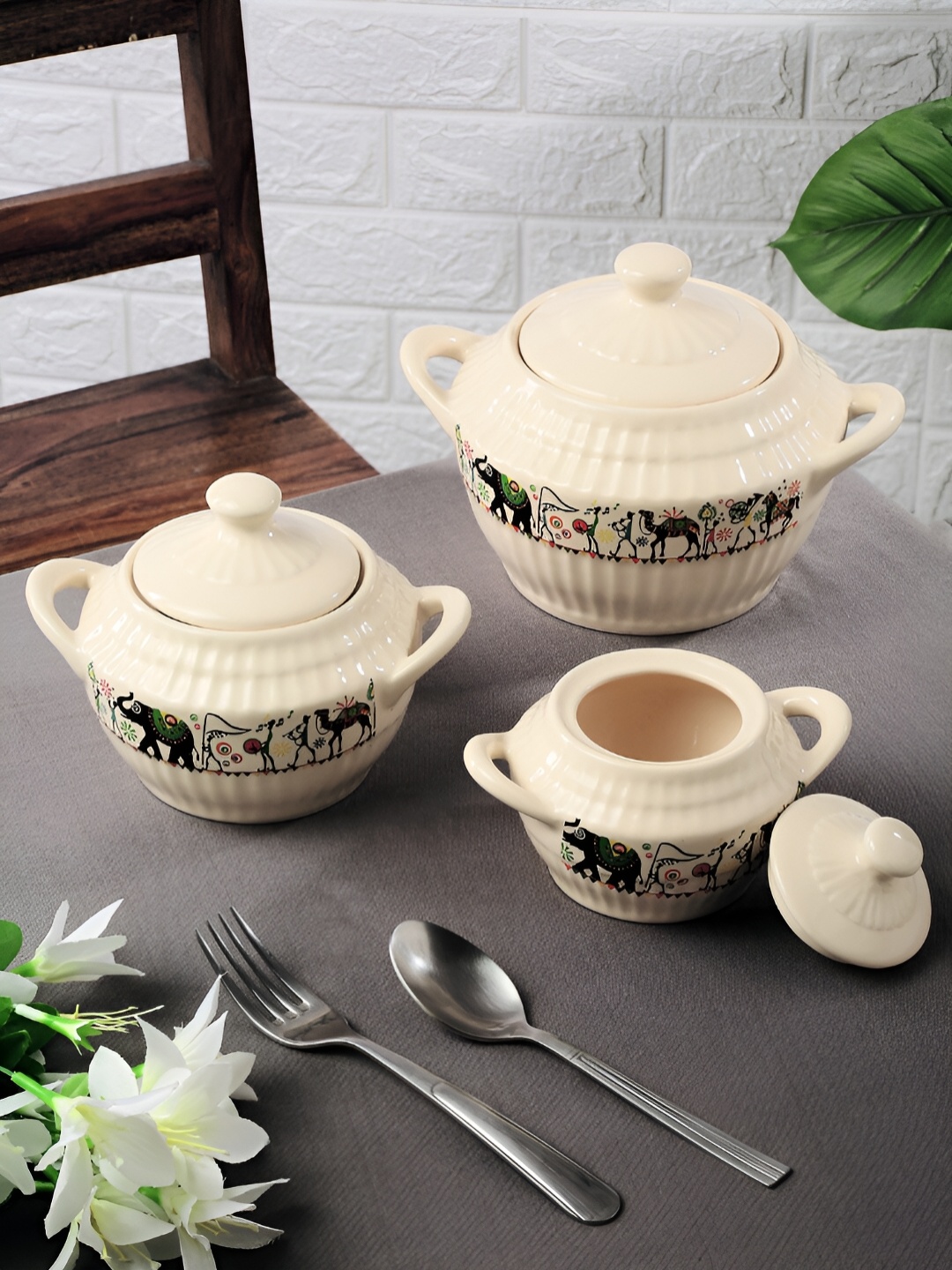 

Shilpkara White 3 Pieces Ceramic Microwave Safe Serving Casserole Serveware