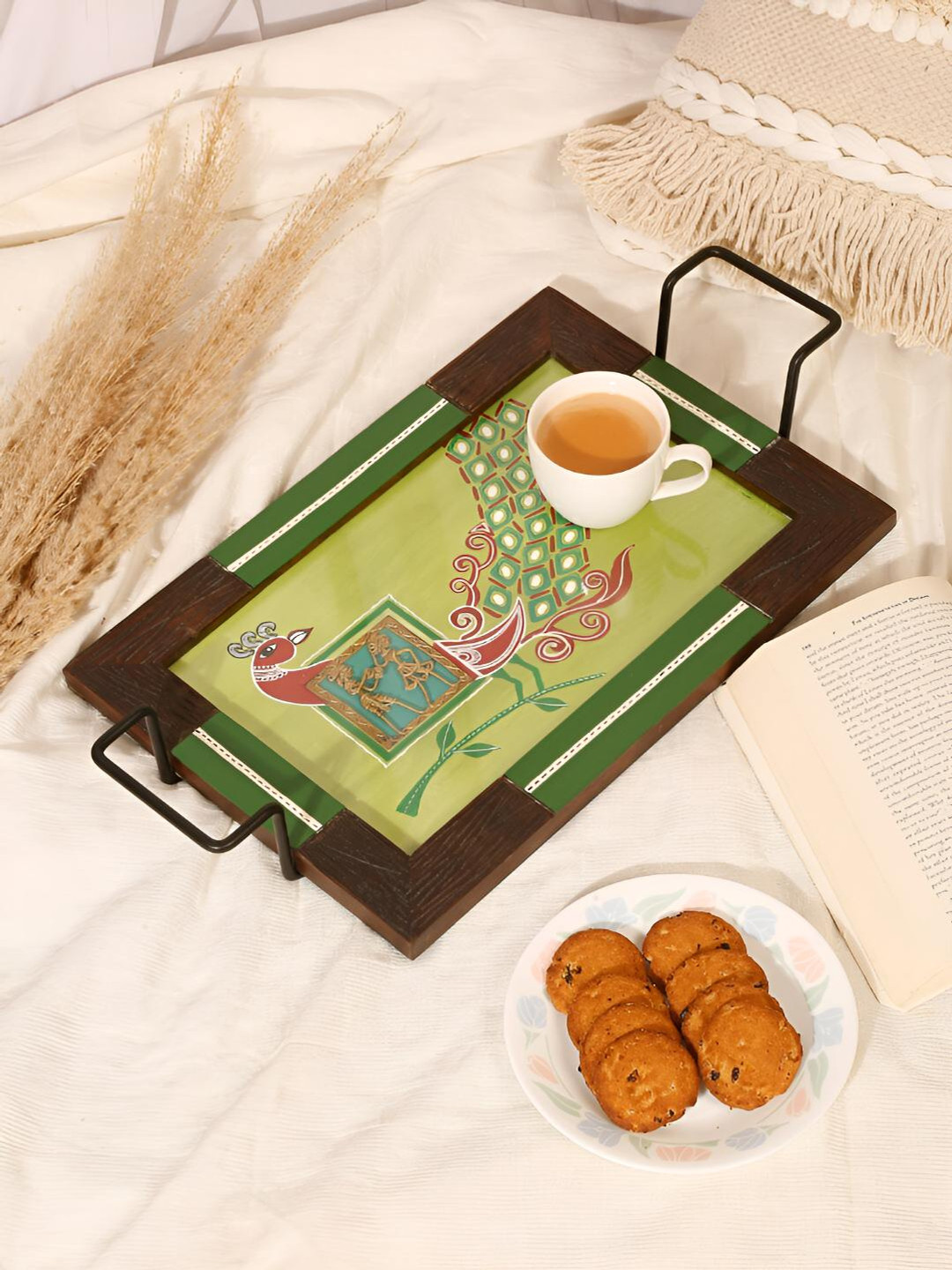 

Shilpkara Lime Green Madhubani Peacock Printed Tray With Metal Handle
