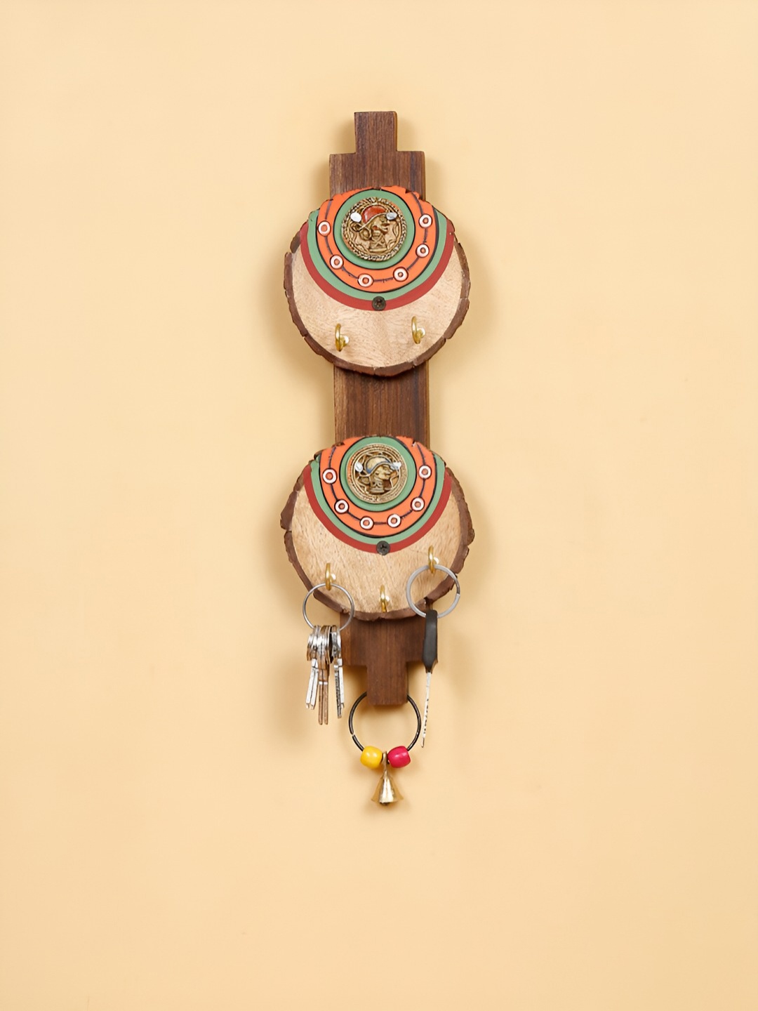 

Shilpkara Brown & Orange Dhokra Motifs Handpainted Wooden 6 Hooks Key Holder For Wall