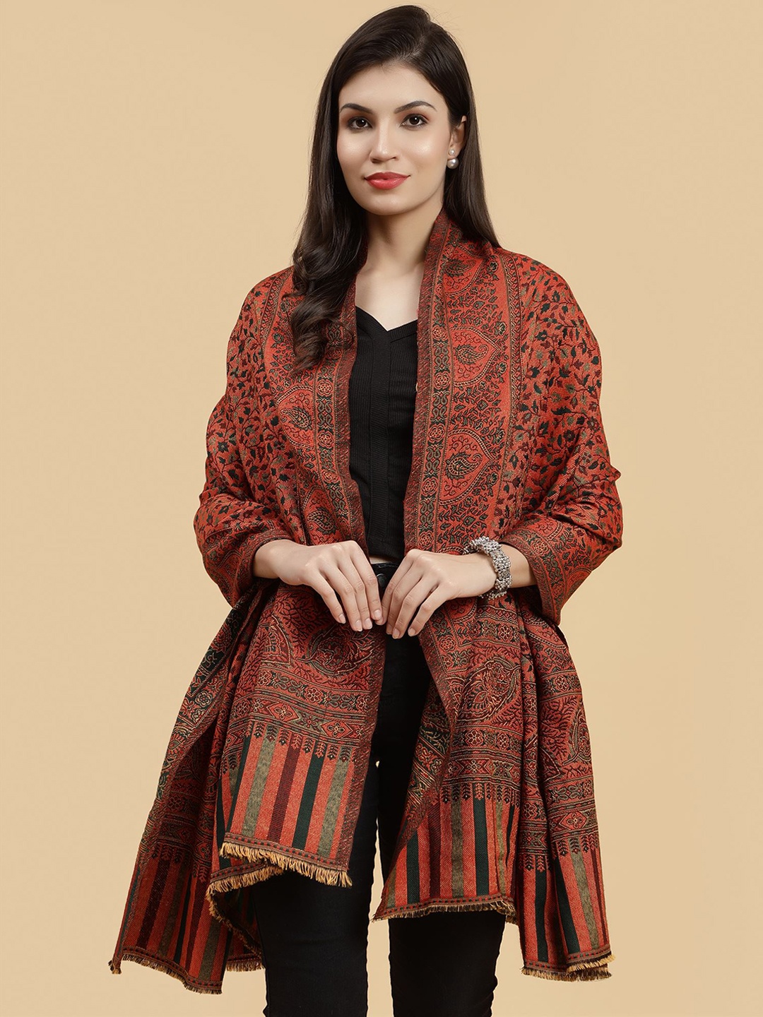 

Moda Chales Ethnic Motifs Woven Design Shawl, Orange