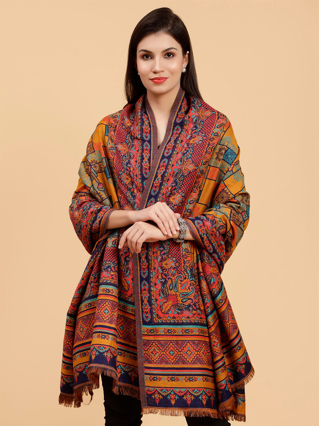 

Moda Chales Ethnic Motifs Woven Design Shawl, Yellow
