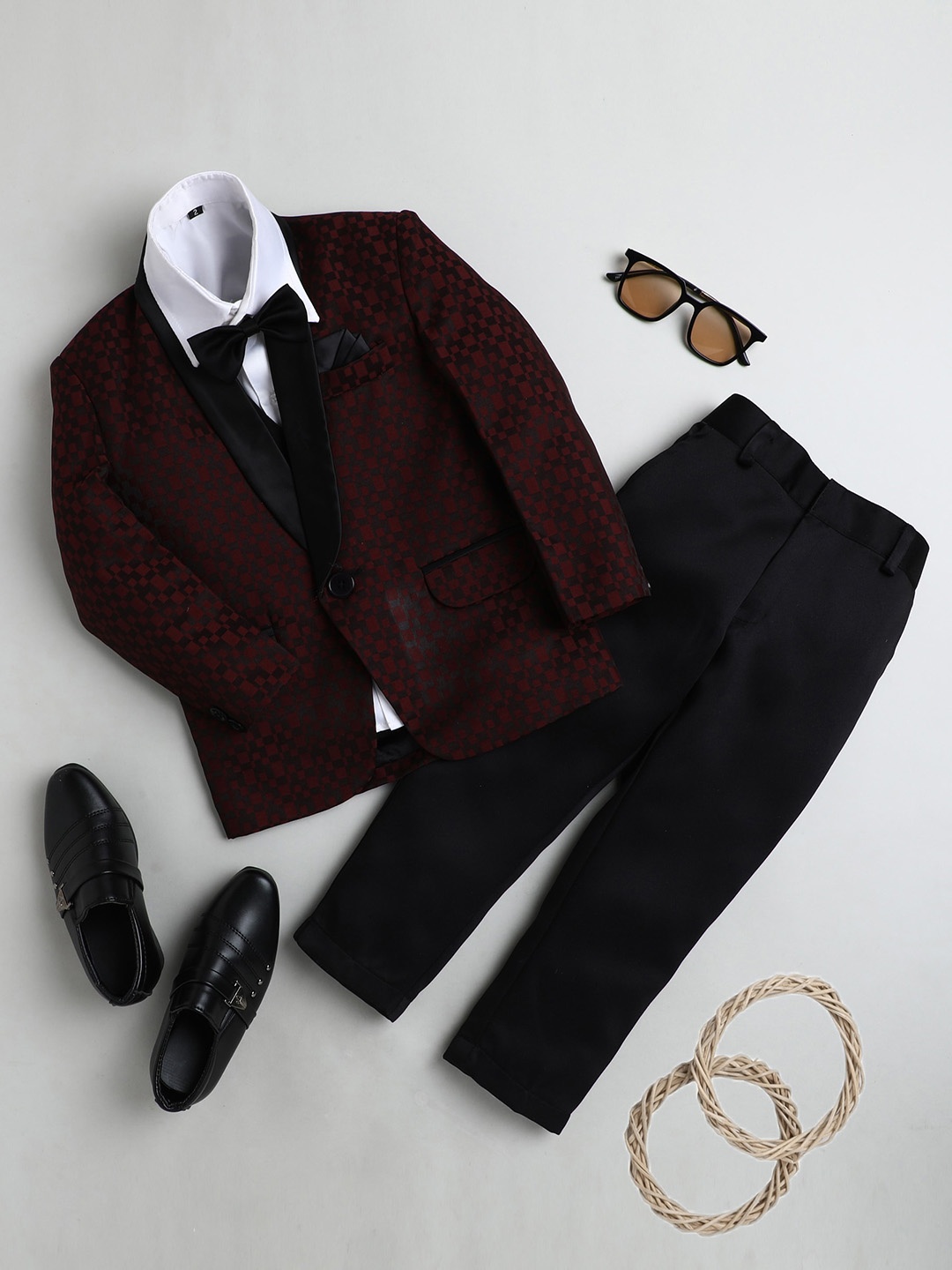 

BAESD Boys Checked Single-Breasted 5 Piece Suit, Maroon