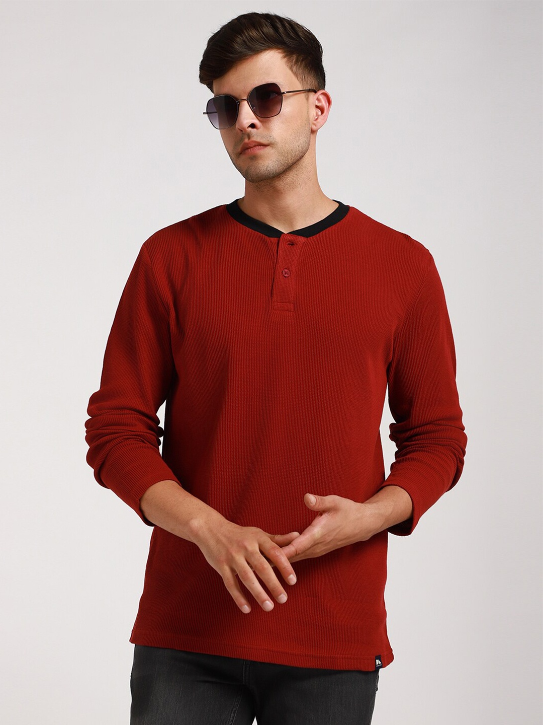 

Dennis Lingo Henley Neck Pure Cotton T-shirt, Maroon