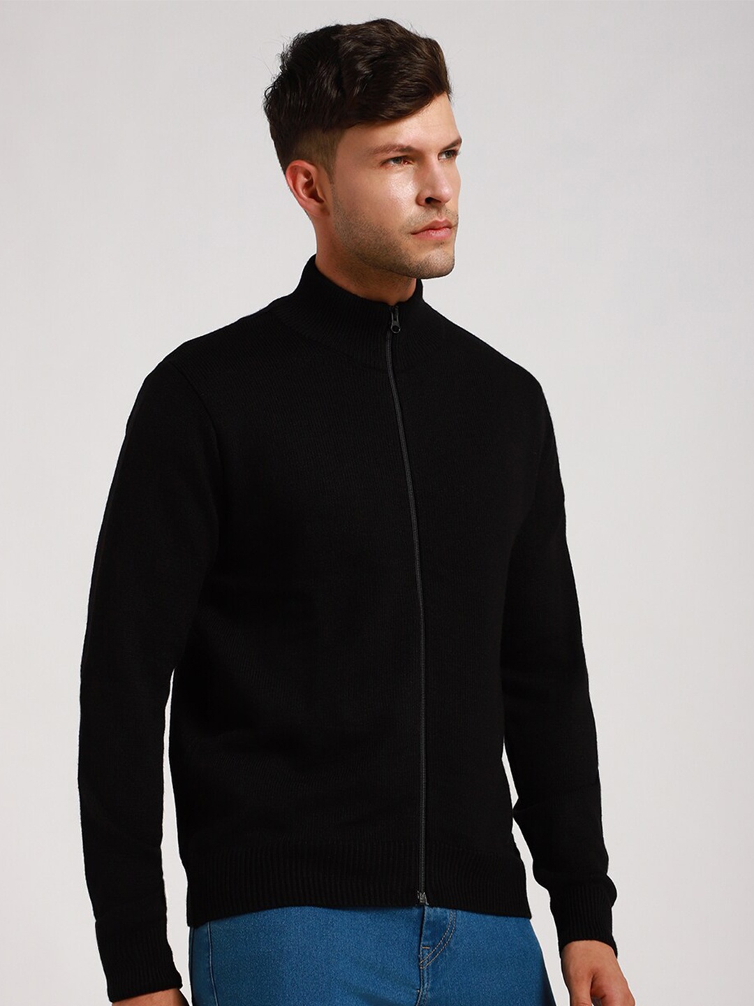 

Dennis Lingo Mock Collar Acrylic Cardigan Sweater, Black