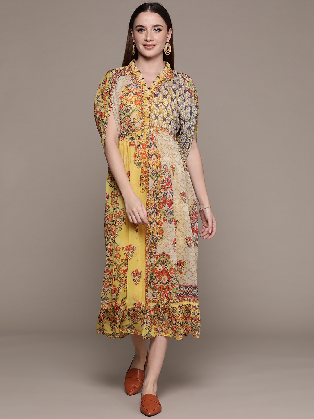 

aarke Ritu Kumar Ethnic Motifs Print Puff Sleeve Chiffon A-Line Midi Dress, Yellow