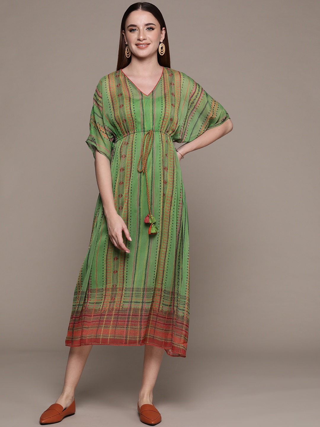 

aarke Ritu Kumar Print Kimono Sleeve Chiffon A-Line Midi Dress, Green