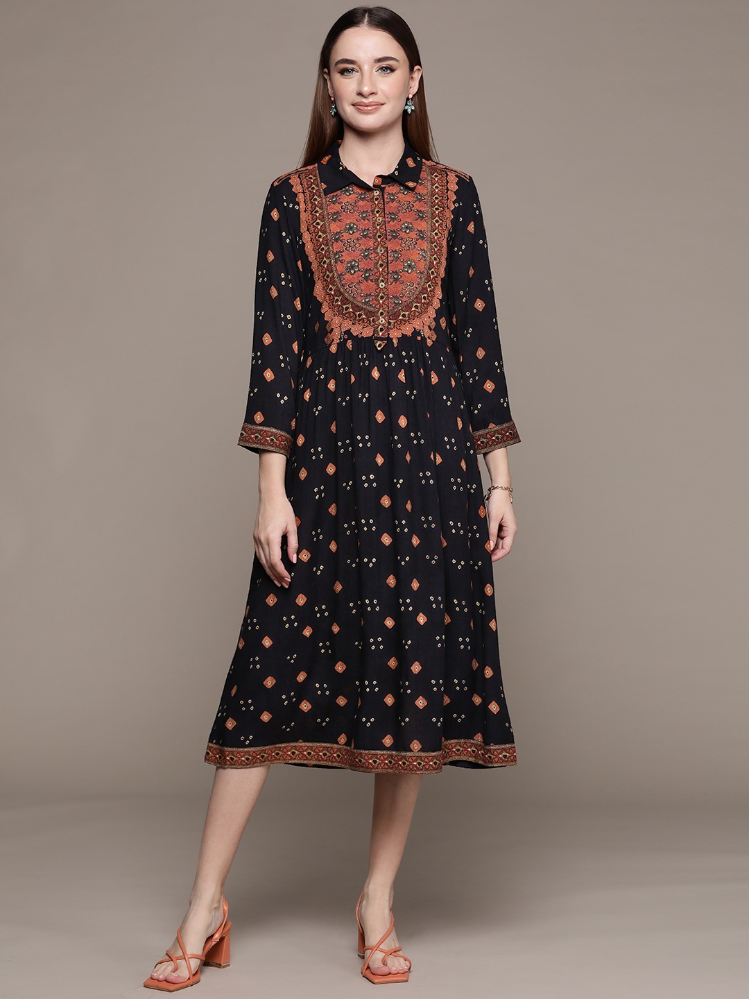 

aarke Ritu Kumar Printed A-Line Midi Dress, Black