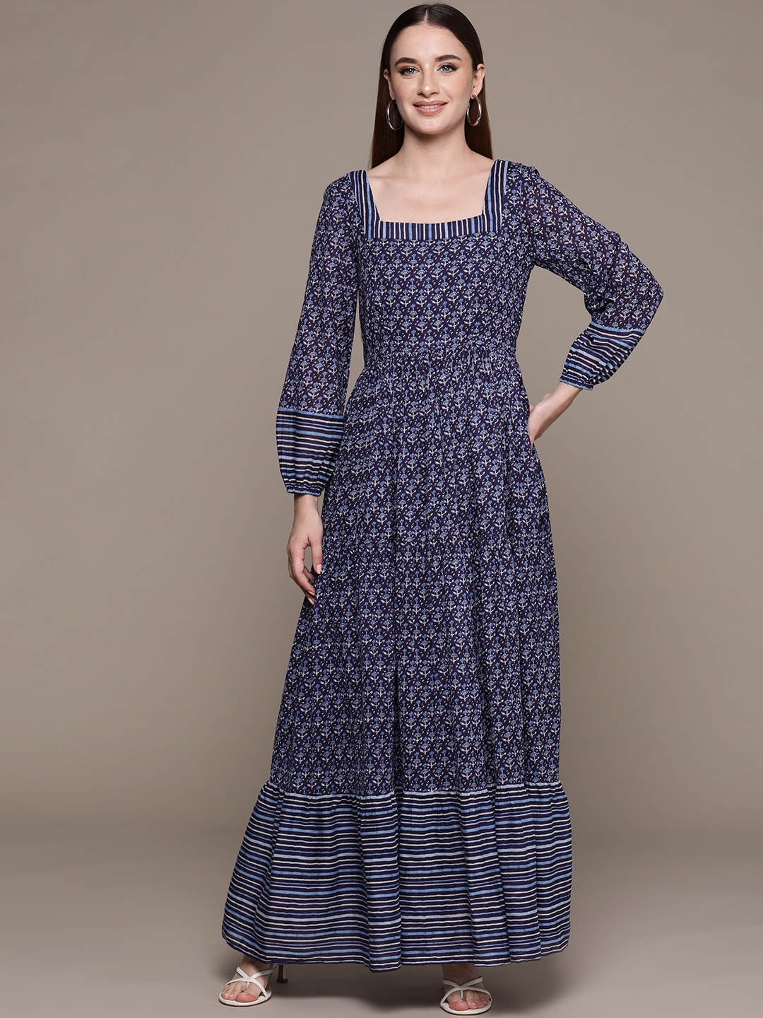 

aarke Ritu Kumar Floral Print Puff Sleeve A-Line Maxi Dress, Navy blue