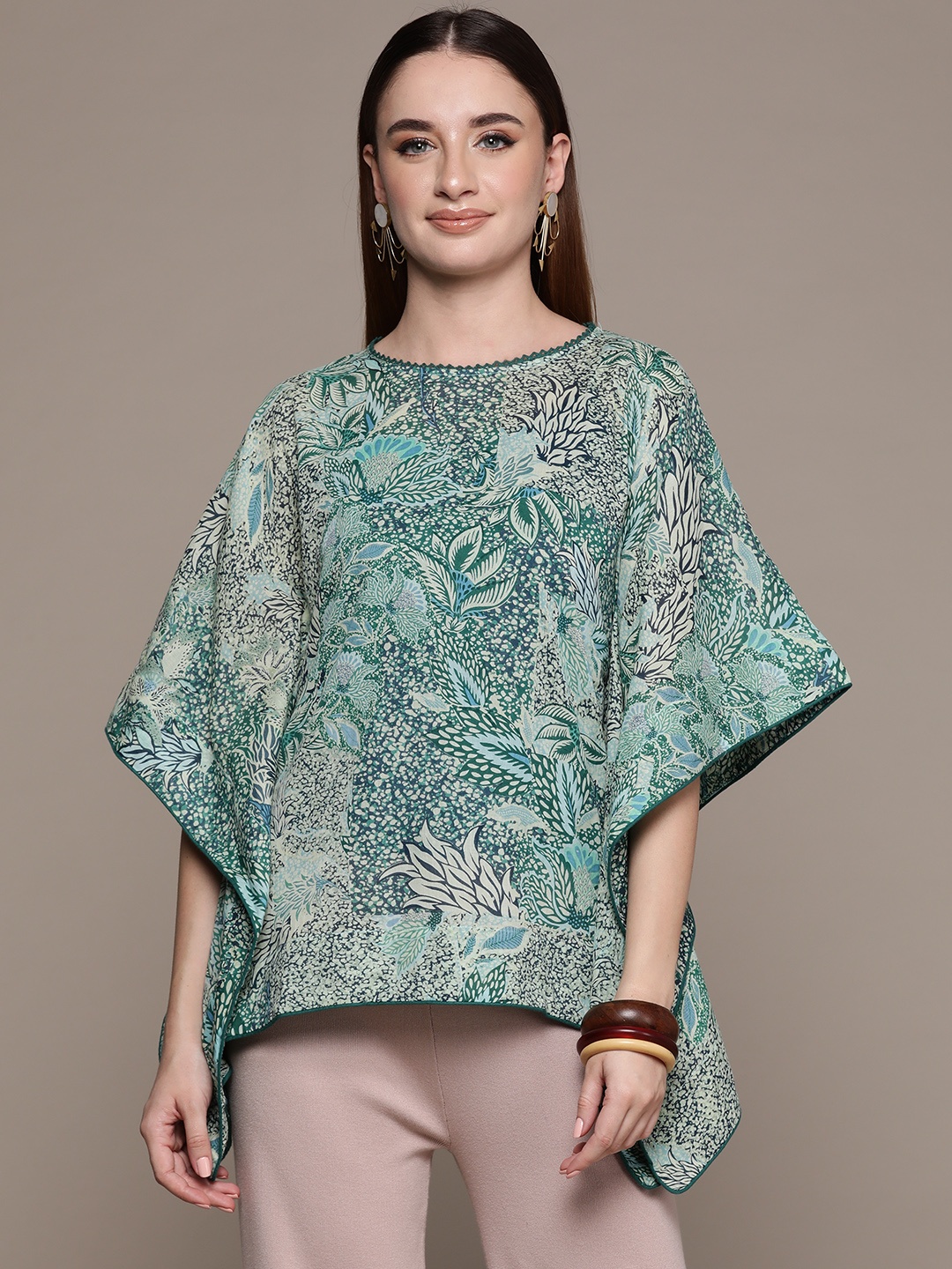 

aarke Ritu Kumar Floral Print Kimono Sleeve Cotton Kaftan Top, Green