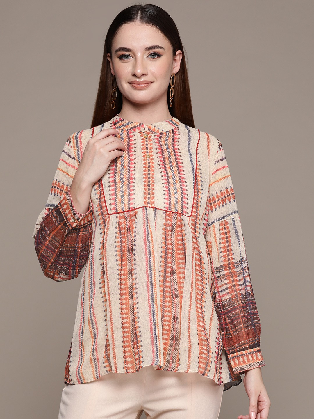 

aarke Ritu Kumar Geometric Print Mandarin Collar Top with Camisole, Beige