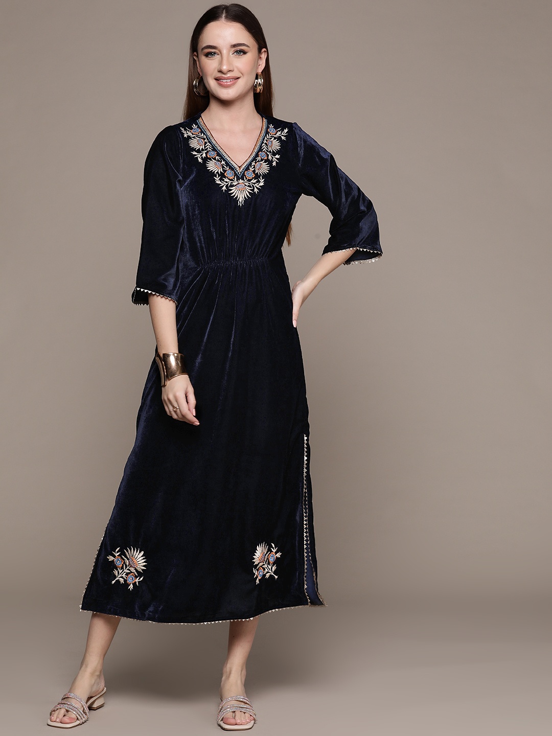 

aarke Ritu Kumar Floral Embroidered A-Line Midi Dress, Navy blue