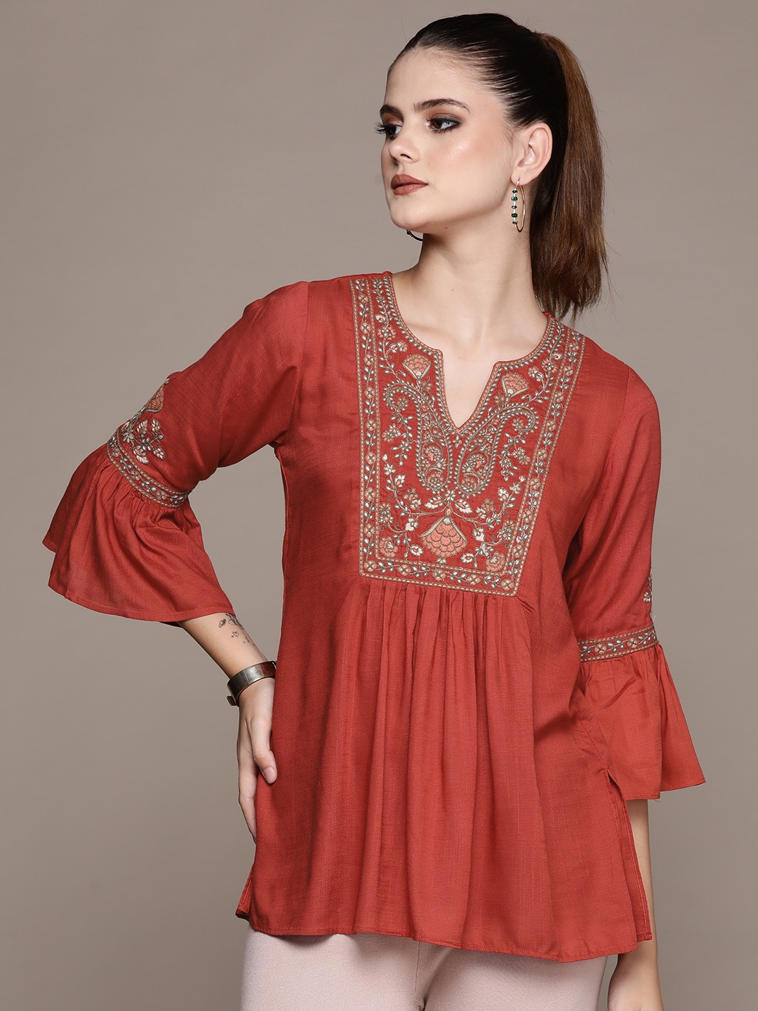 

aarke Ritu Kumar Embroidered Bell Sleeve Ethnic Top, Red