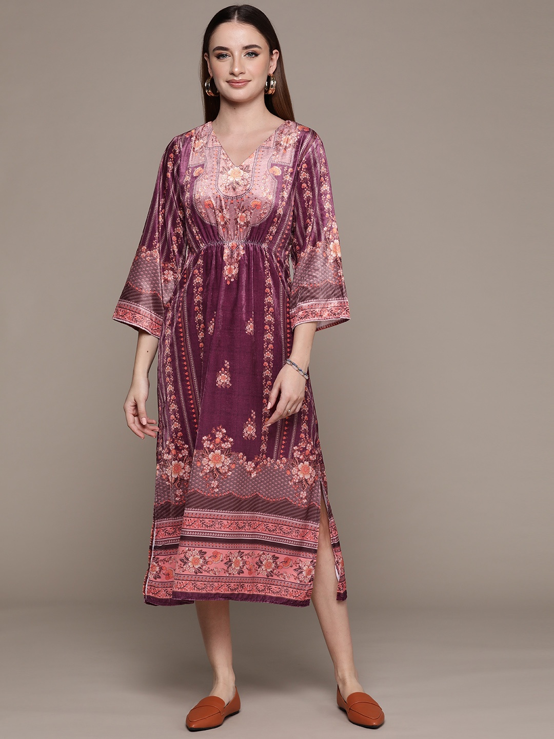 

aarke Ritu Kumar Ethnic Motifs Print Flared Sleeve A-Line Midi Dress, Purple