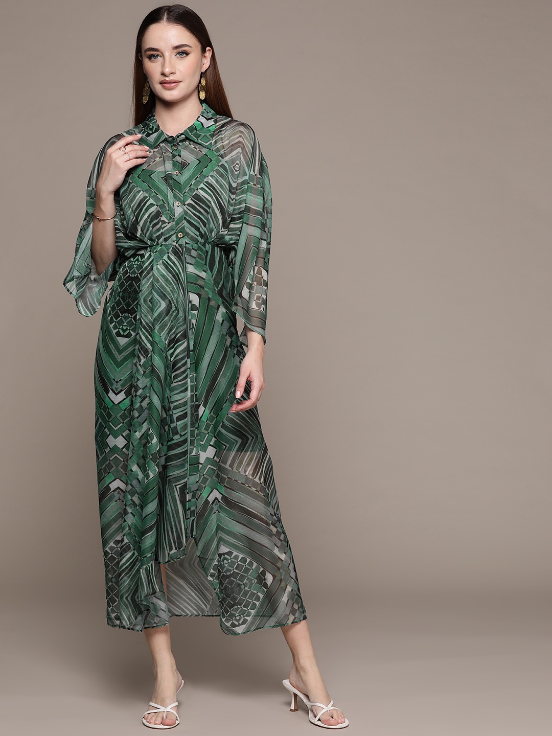 

aarke Ritu Kumar Print Flared Sleeve Chiffon Shirt Midi Dress, Green