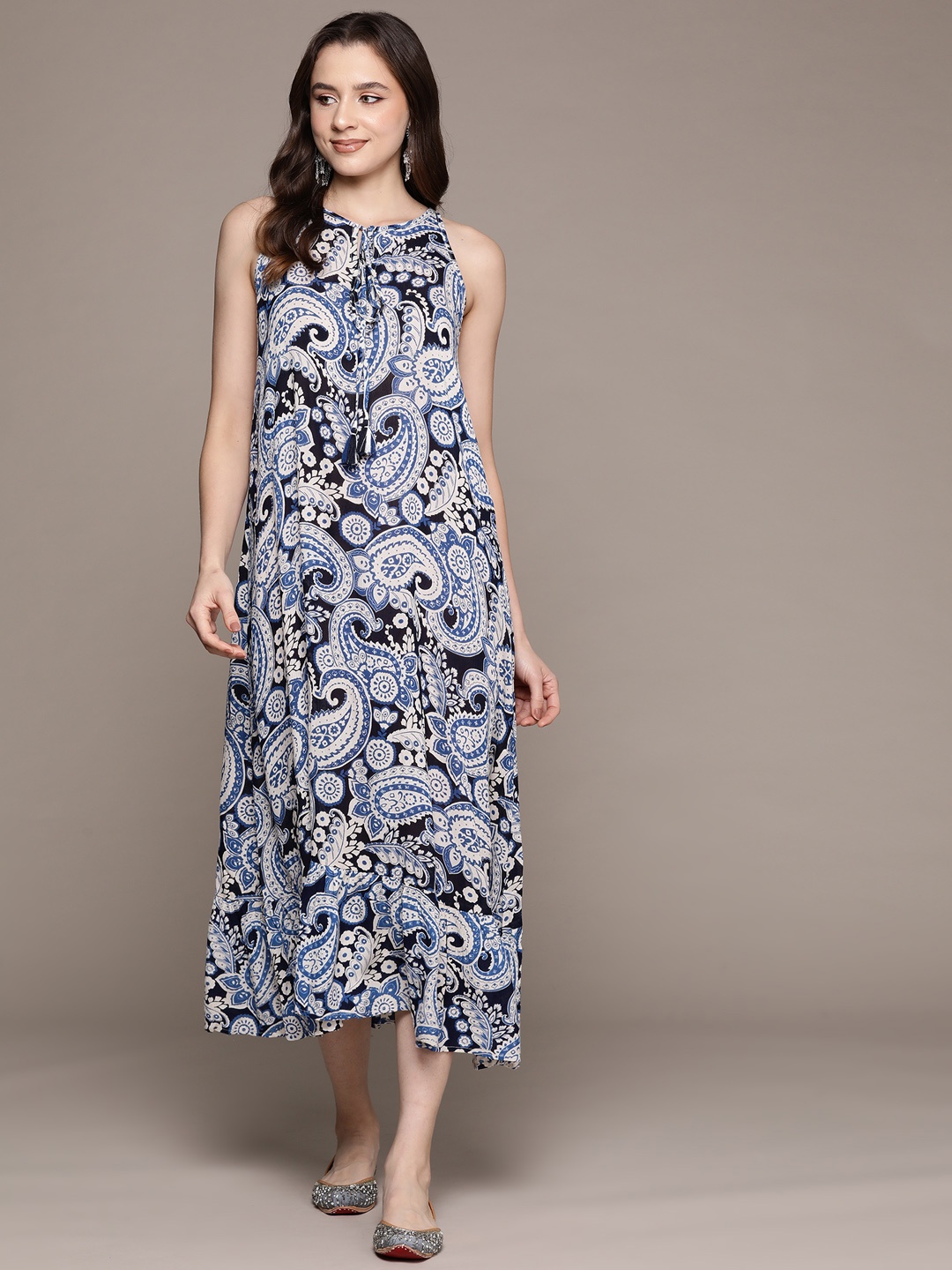 

aarke Ritu Kumar Ethnic Motifs Print Tie-Up Neck Crepe A-Line Midi Dress, Blue