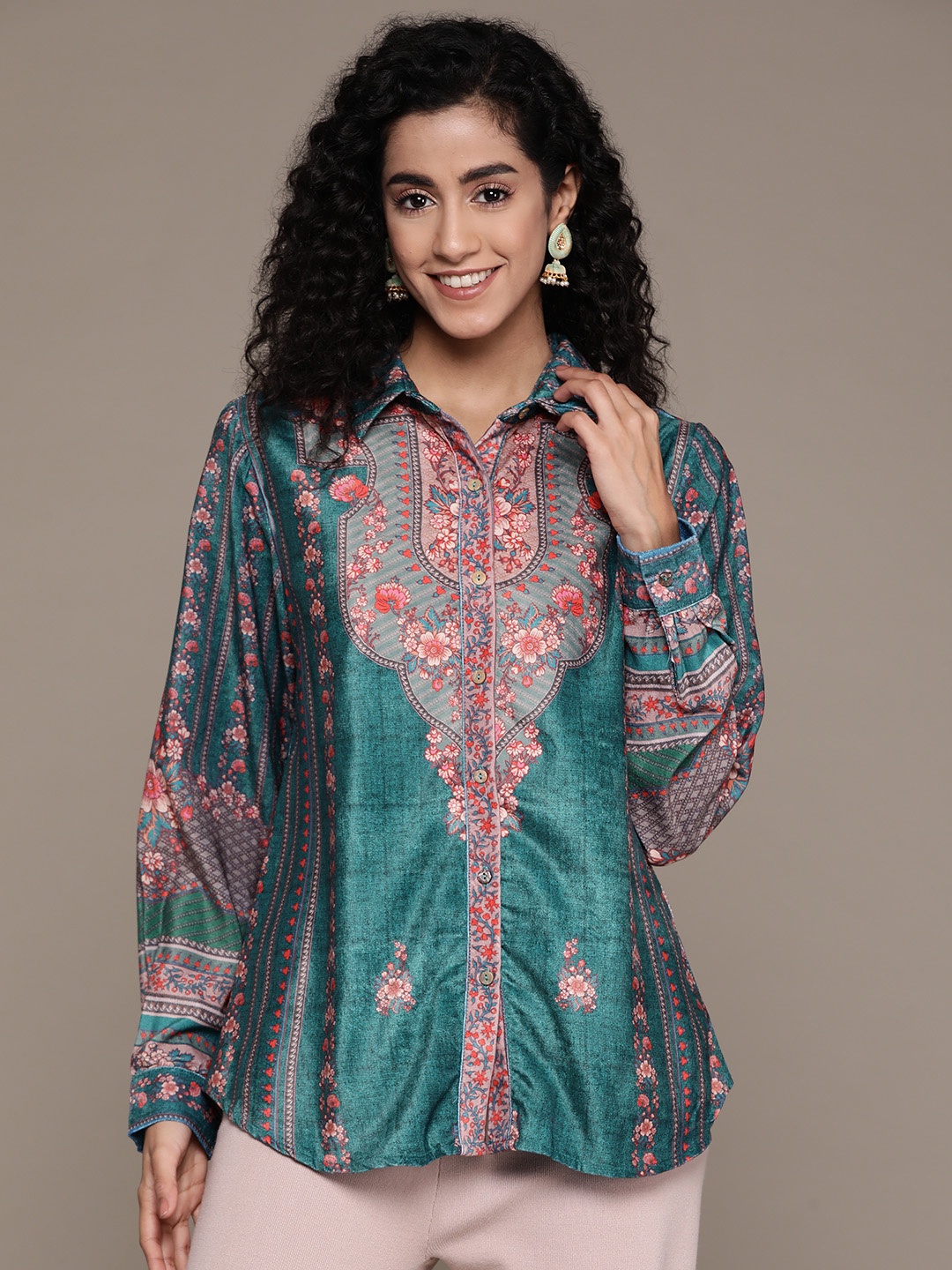 

aarke Ritu Kumar Women Relaxed Floral Opaque Printed Casual Shirt, Teal