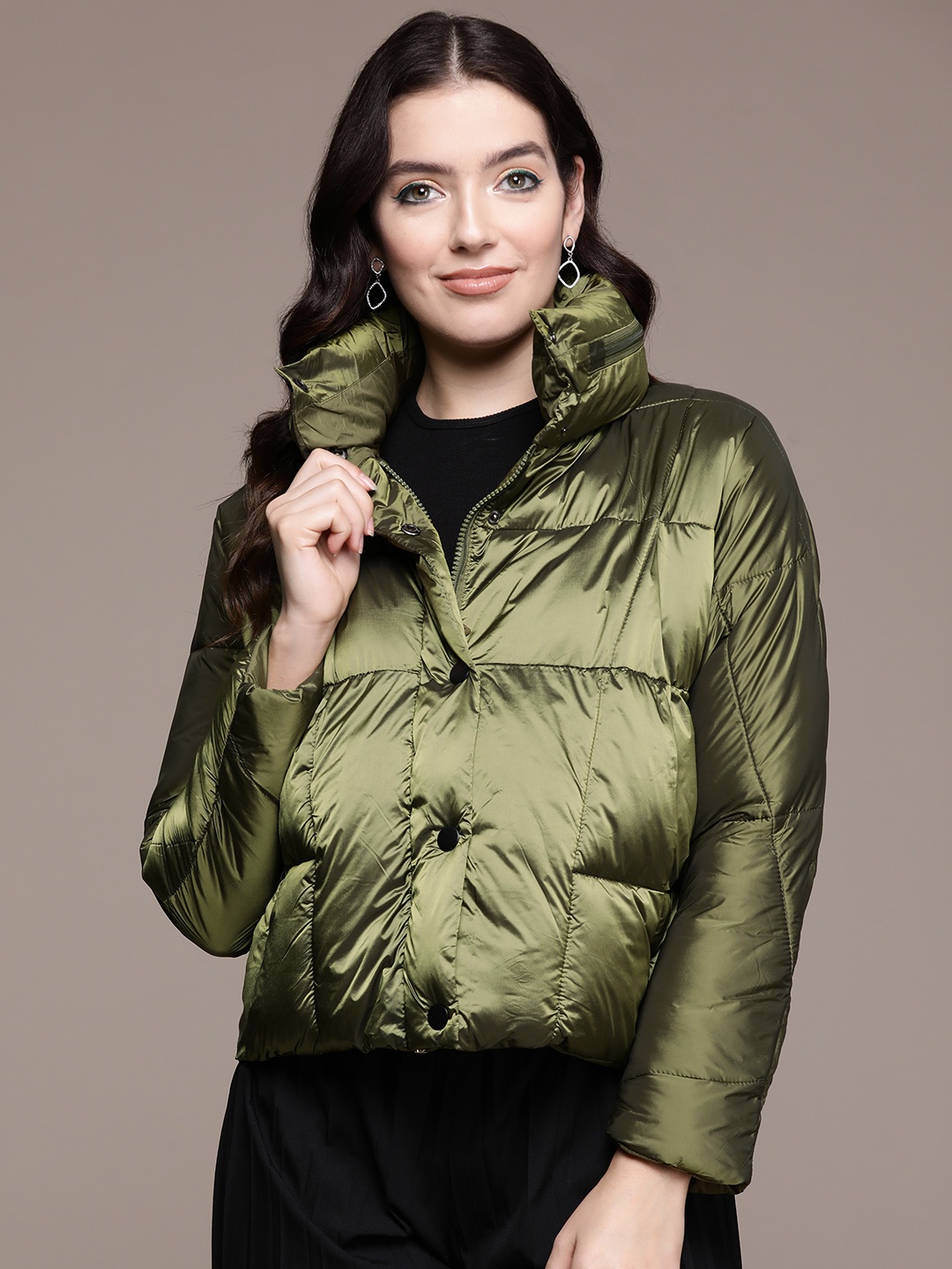 

Label Ritu Kumar Women Solid Puffer Jacket, Olive