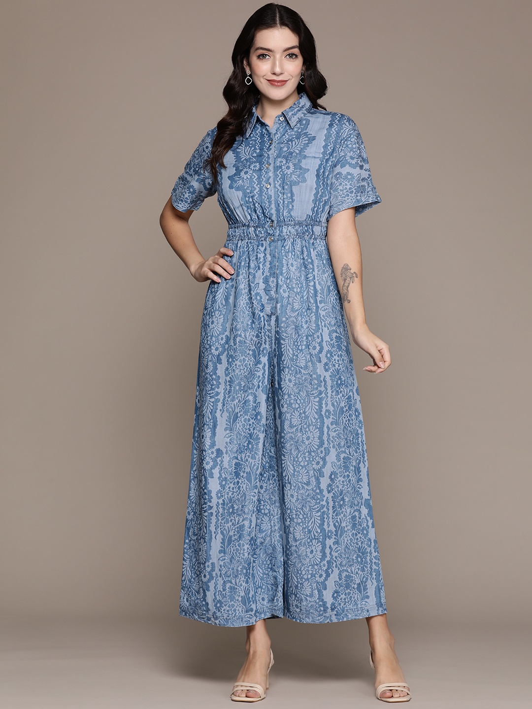 

Label Ritu Kumar Tencel Floral Print Denim Jumpsuit, Blue