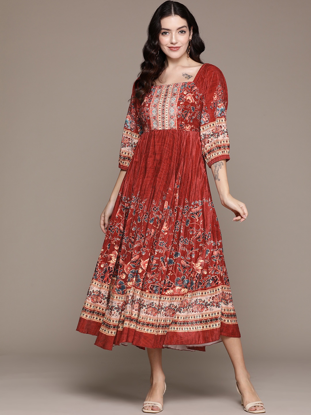 

Label Ritu Kumar Floral Print Velvet A-Line Midi Dress, Red