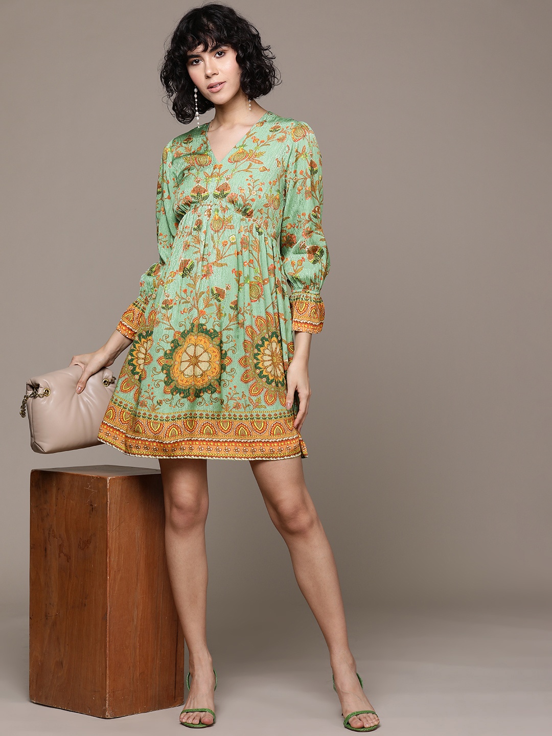 

Label Ritu Kumar Floral Print Puff Sleeve Jacquard A-Line Mini Dress, Green