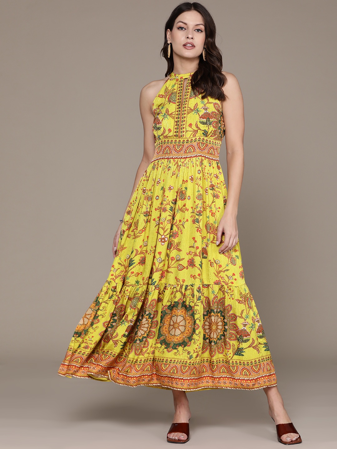 

Label Ritu Kumar Floral Print Jacquard A-Line Maxi Dress, Yellow