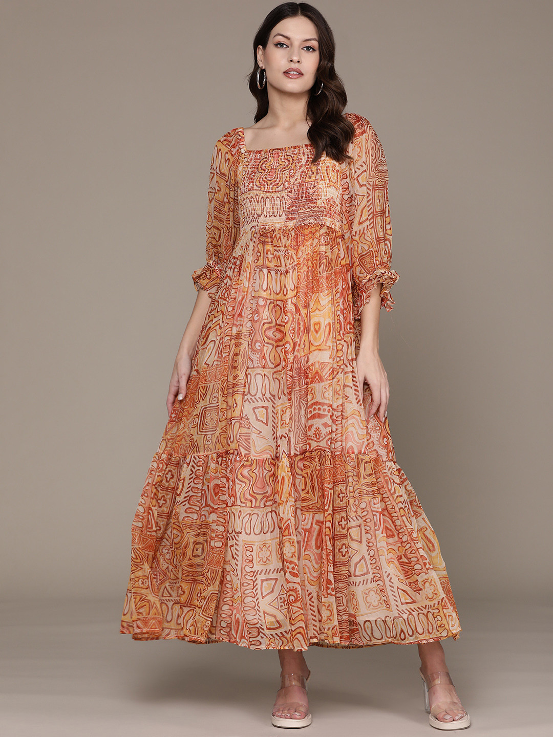 

Label Ritu Kumar Print Puff Sleeve Chiffon A-Line Maxi Dress, Orange