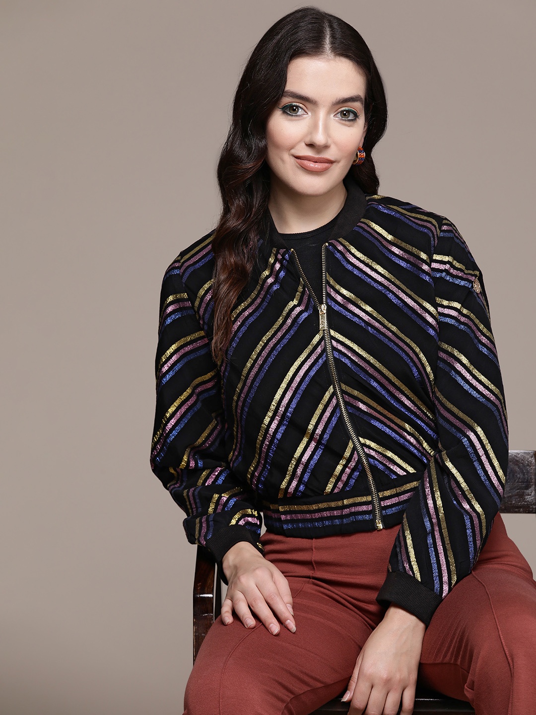 

Label Ritu Kumar Women Striped Bomber Jacket, Black