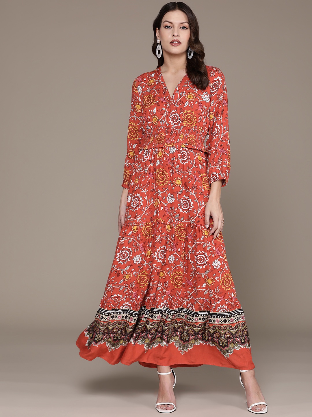 

Label Ritu Kumar Floral Print Puff Sleeve Crepe Maxi Dress, Orange
