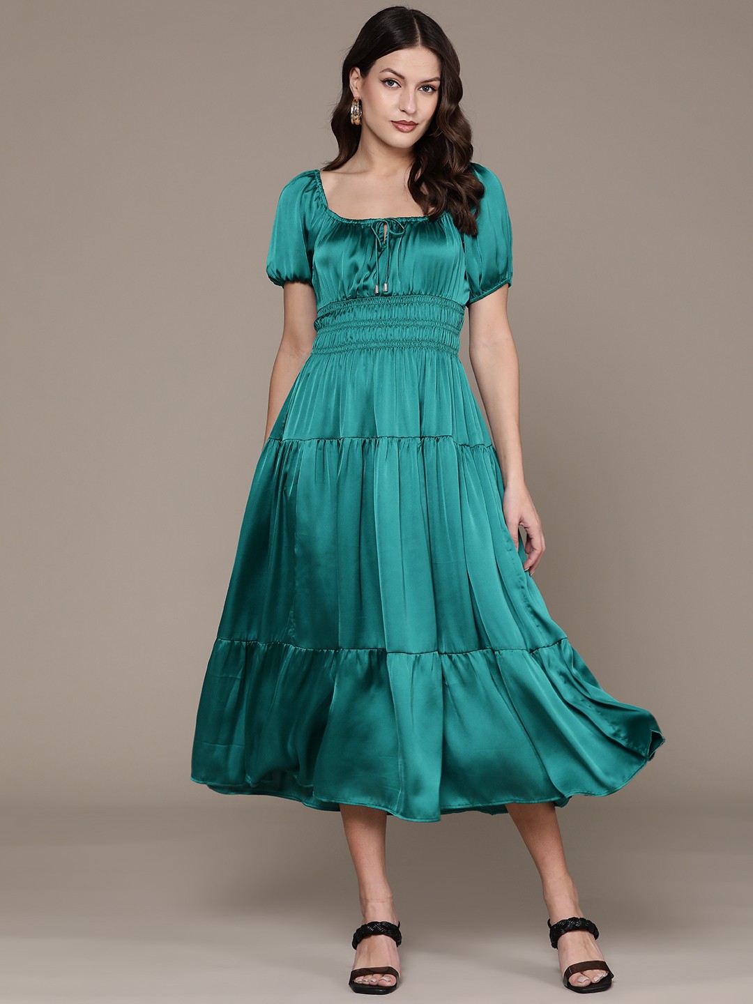 

Label Ritu Kumar Tie-Up Neck Puff Sleeve Satin A-Line Midi Dress, Green
