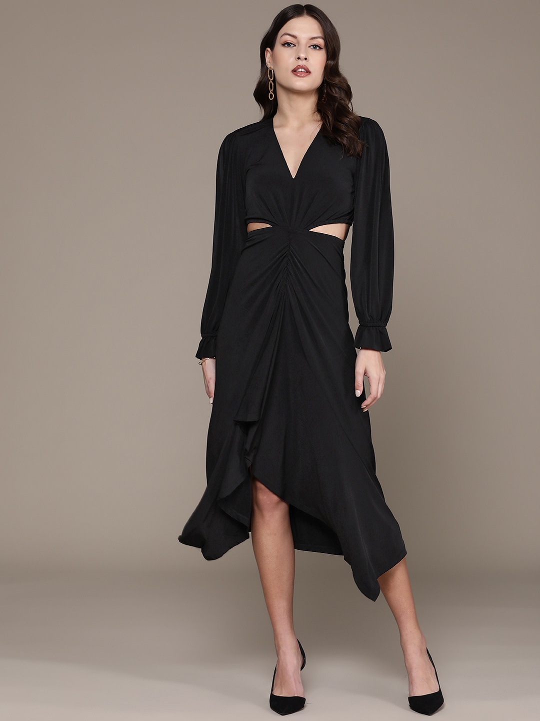

Label Ritu Kumar Puff Sleeve A-Line Midi Dress, Black