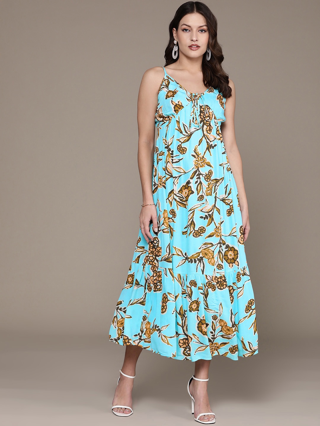 

Label Ritu Kumar Floral Print Crepe A-Line Midi Dress, Turquoise blue