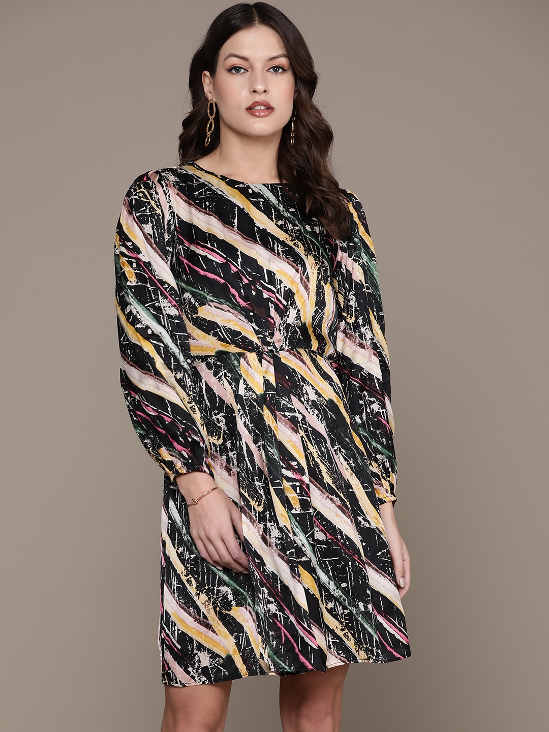 

Label Ritu Kumar Print Puff Sleeve Satin A-Line Dress, Black