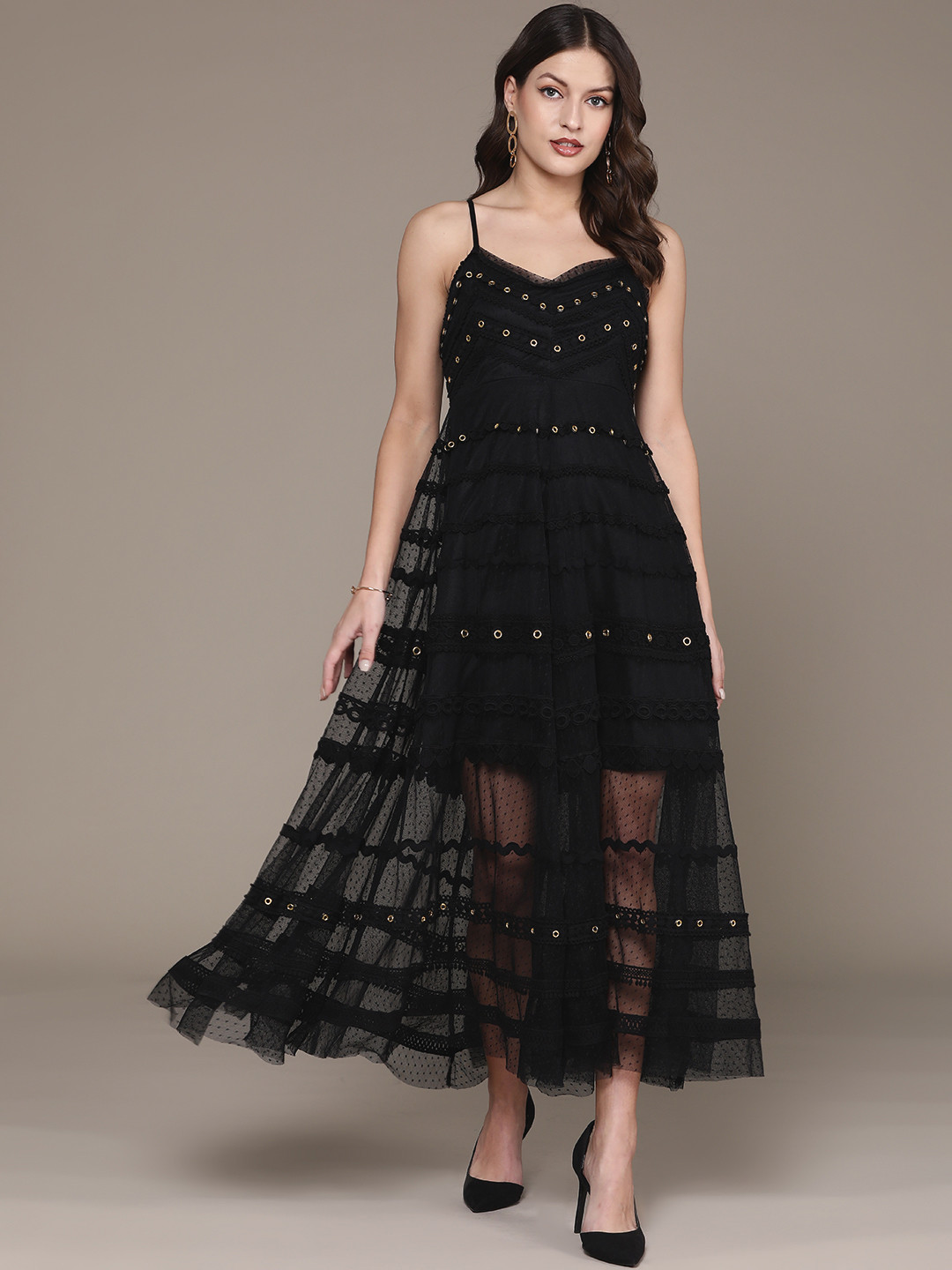 

Label Ritu Kumar Net A-Line Midi Dress, Black