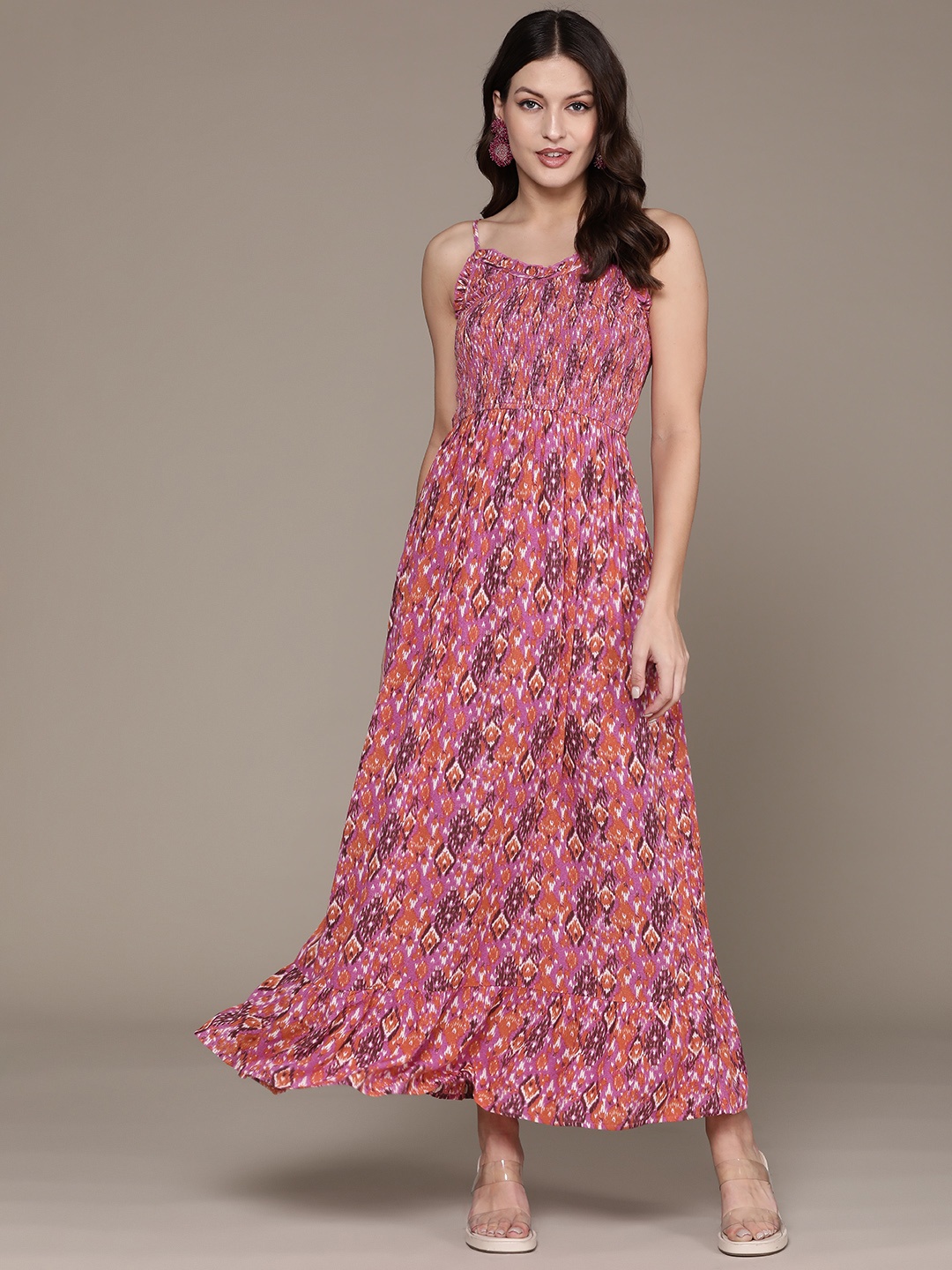 

Label Ritu Kumar Abstract Print Smocked Crepe Maxi Dress, Red