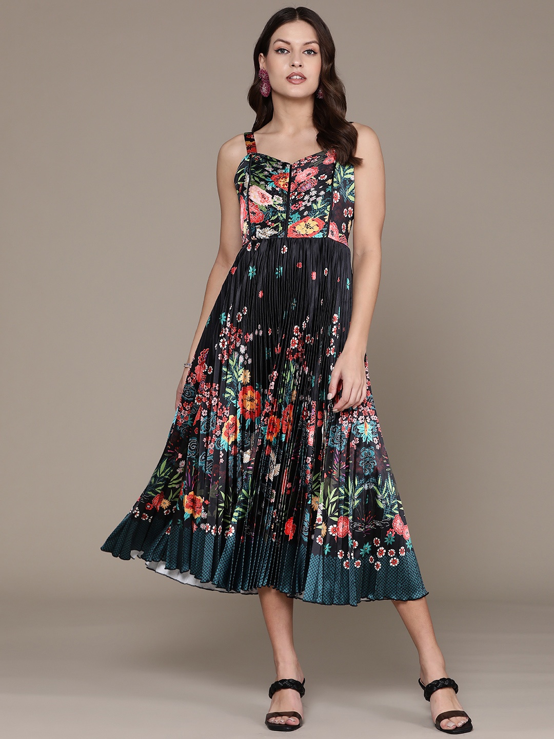 

Label Ritu Kumar Floral Print Satin A-Line Midi Dress, Black