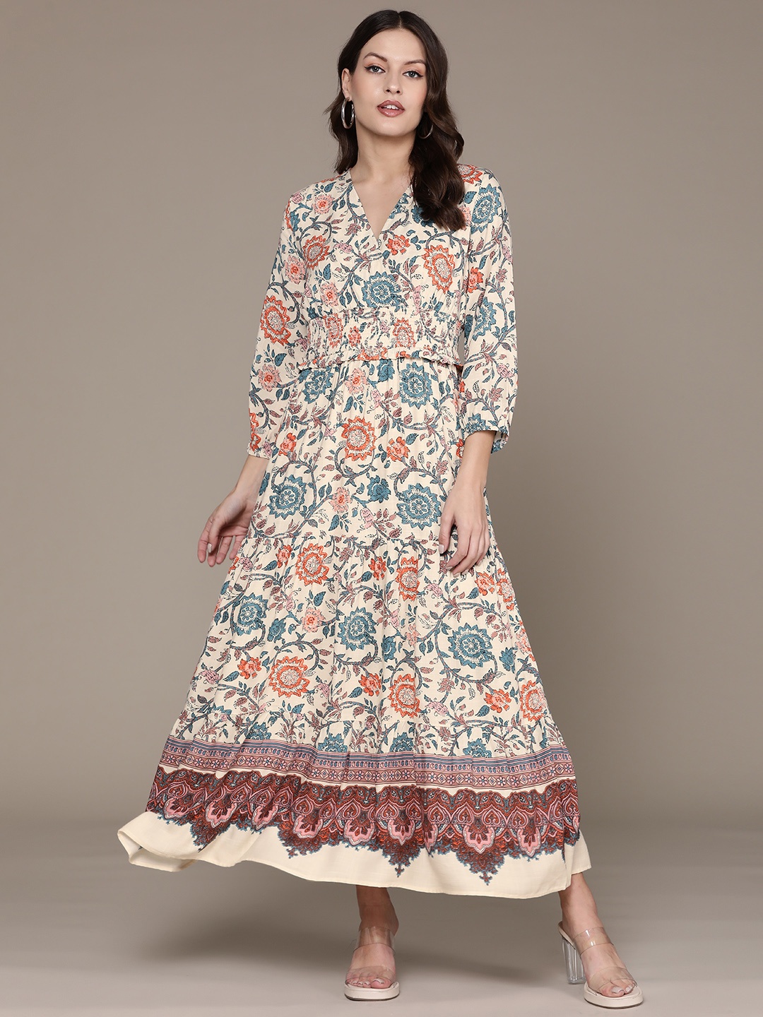 

Label Ritu Kumar Floral Print Puff Sleeve Crepe A-Line Maxi Dress, Beige