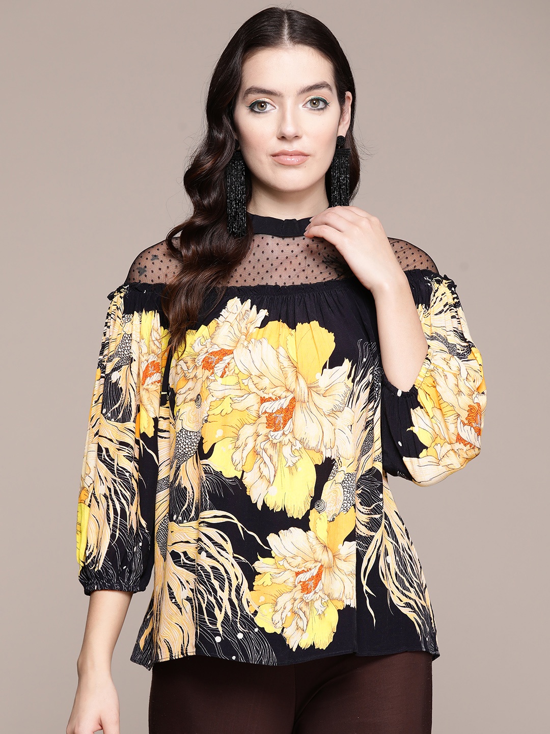 

Label Ritu Kumar Floral Print Puff Sleeve Crepe Top, Black