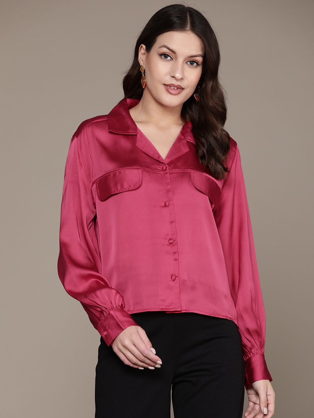 

Label Ritu Kumar Relaxed Cuban Collar Puff Sleeves Casual Shirt, Fuchsia