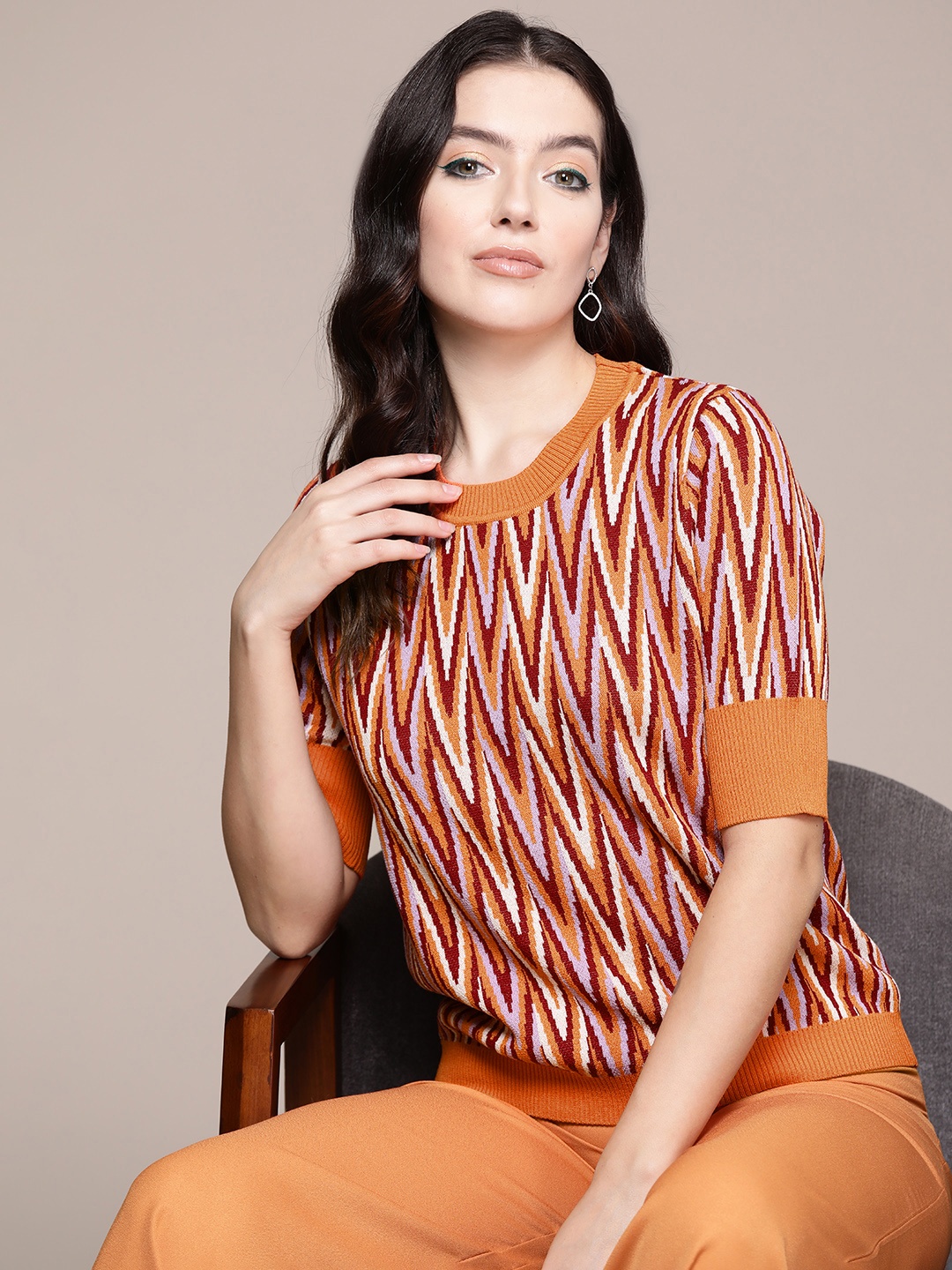

Label Ritu Kumar Chevron Printed Acrylic Pullover, Orange