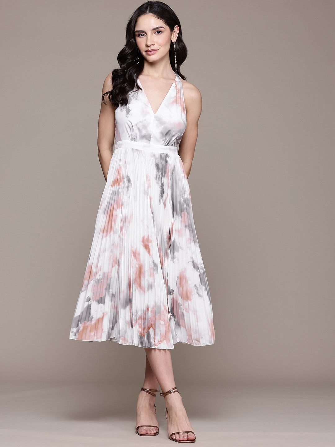 

Label Ritu Kumar Print Halter Neck Crepe Fit & Flare Midi Dress, White