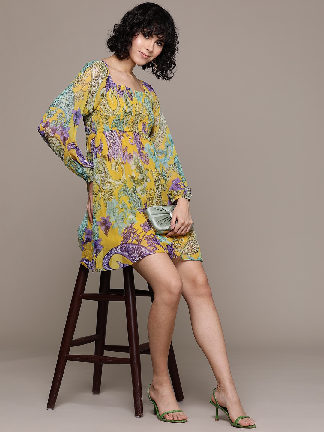 

Label Ritu Kumar Women Floral Print Chiffon Fit & Flare Dress, Yellow