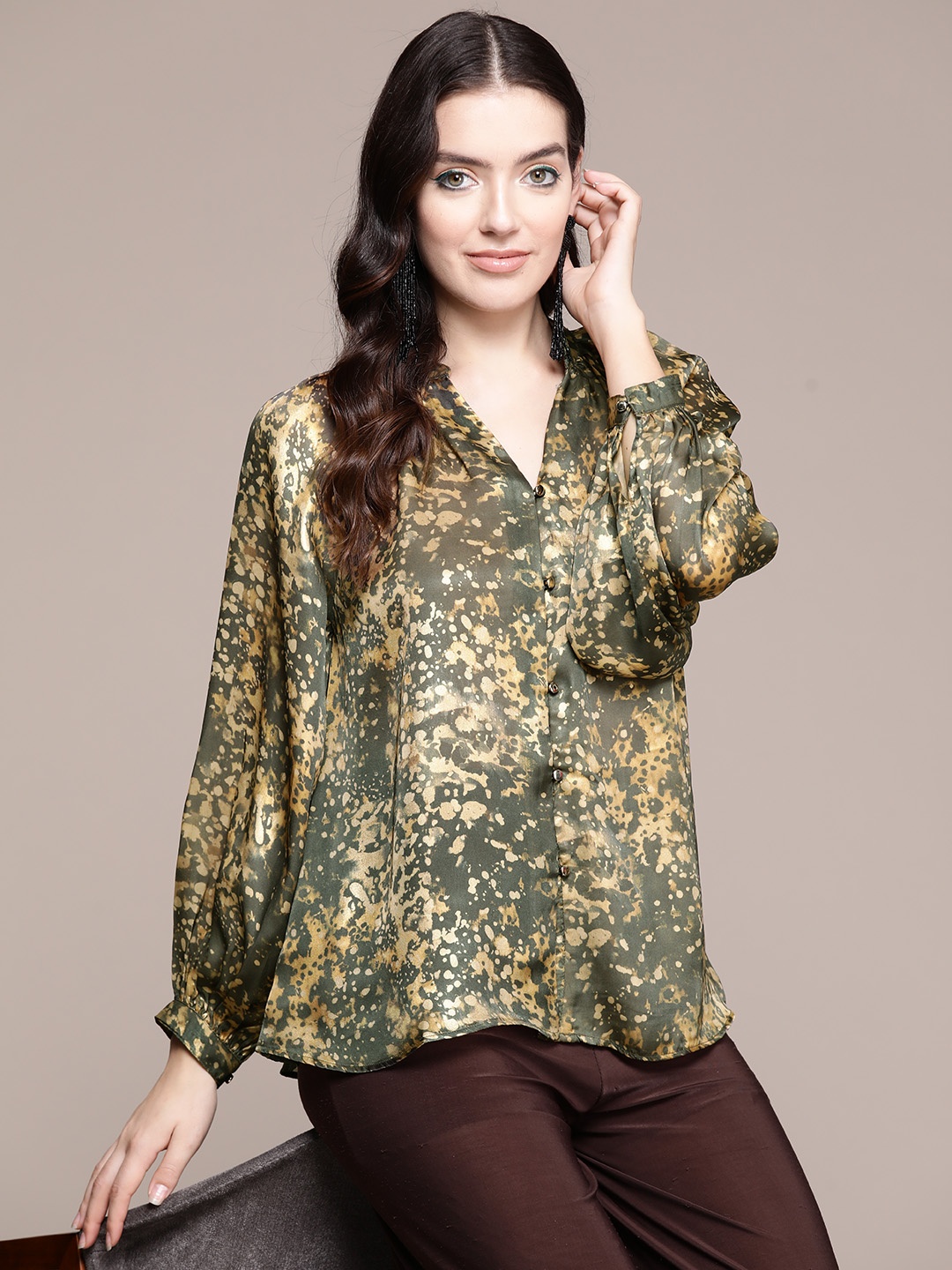 

Label Ritu Kumar Print Mandarin Collar Georgette Shirt Style Top, Olive