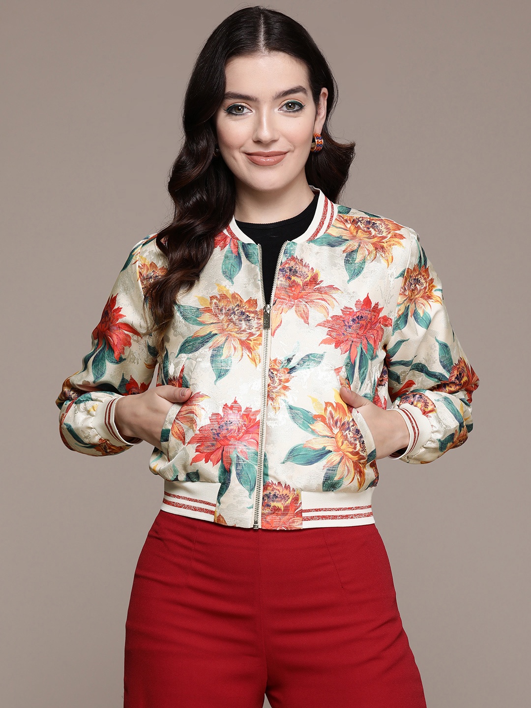 

Label Ritu Kumar Women Floral Printed Jacquard Varsity Jacket, White